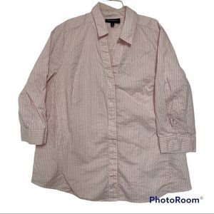 lane bryant size 18 pink white striped button down v neck blouse 3/4 sleeve